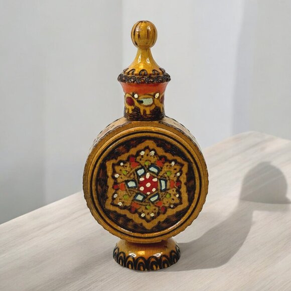 Vintage Small Bulgarian Rose Oil Essence Wood Bottle Ornate Design Collectible - Picture 1 of 5